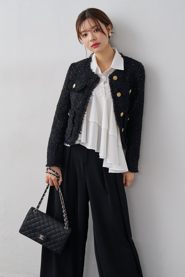 [予約/SET]アシメフリルティアードシャツ+フリンジツイードゴールドボタンジャケット+エステルツイルタックワイドカラーパンツ(3set)