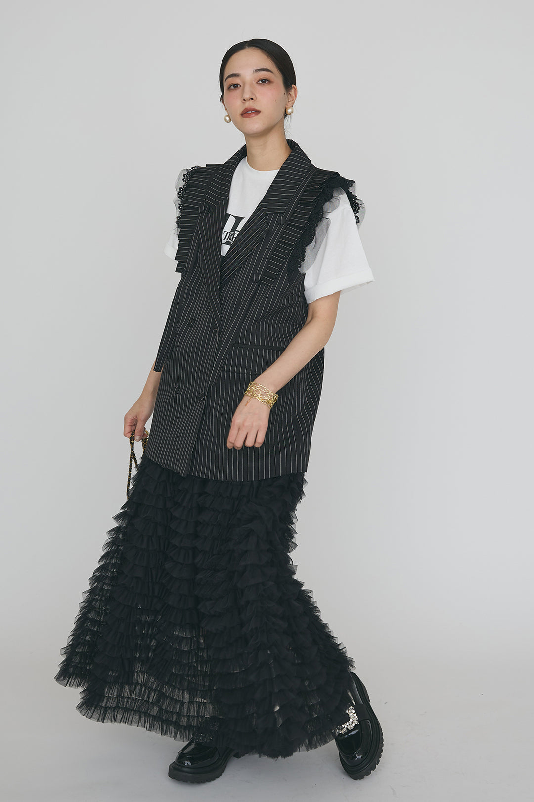 [予約/SET]フリルショルダーテーラーマニッシュベスト+ホイップチュールティアードスカート(2set)