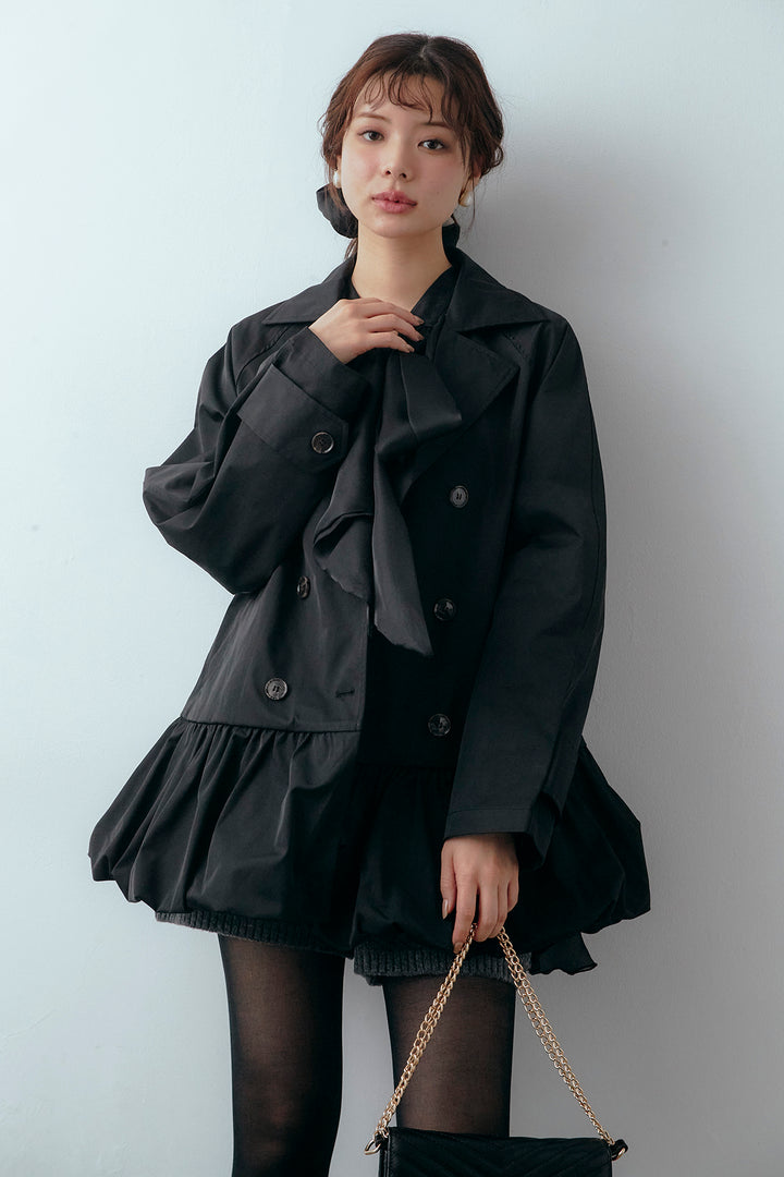 [予約/SET]フロントBIGリボンティアードエアリーチュニック+バルーンヘムミディ丈トレンチコート+メランジニットショートパンツ(3set)