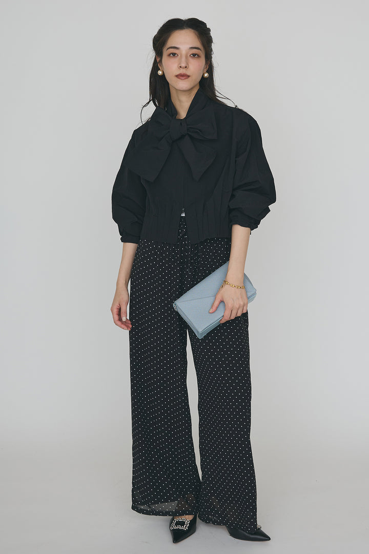 [予約/SET]フロントファスナーヘムタックボウタイブラウス+シアードットリラックスパンツ(2set)