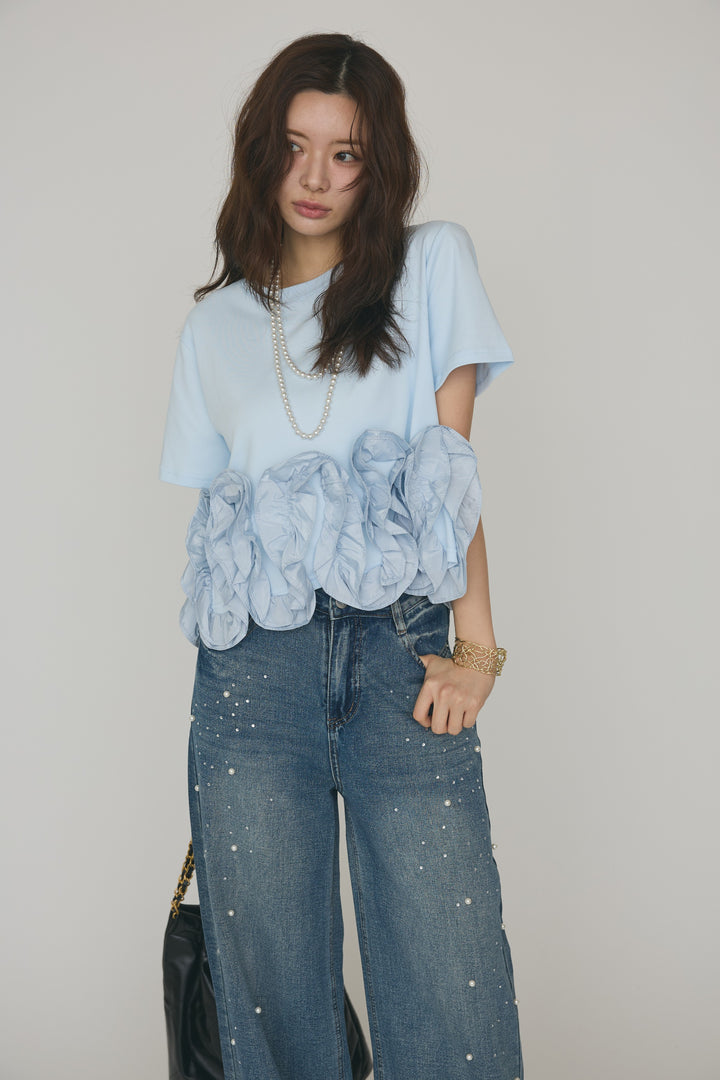 [予約/SET]フリルウェーブヘムカットTシャツ+パールラインストーンハイウエストデニム(2set)