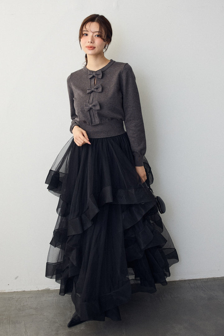 [予約/SET]フロントリボンモチーフカーデ+ランダムフリルティアードボリュームスカート(2set)