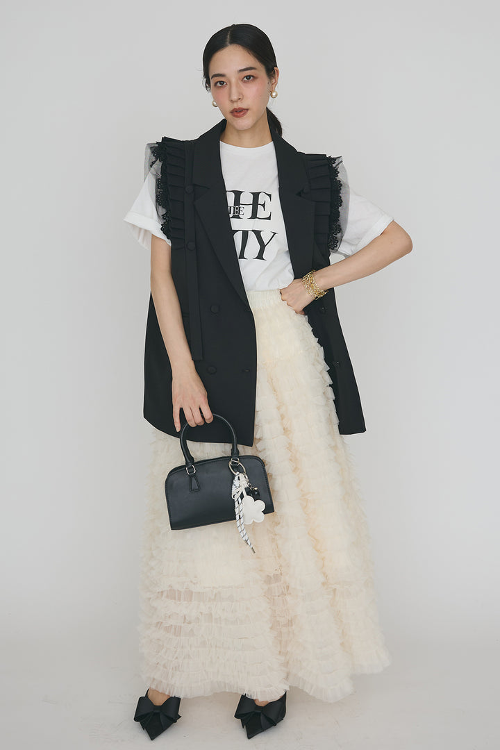 [予約/SET]ThecityロゴTシャツ+フリルショルダーテーラーマニッシュベスト+ホイップチュールティアードスカート(3set)