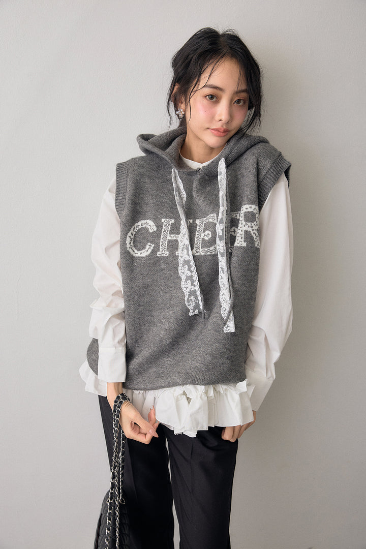 [予約/SET]レースリボンロゴフードスリーブレスニット+タックテーパードパンツ(2set)