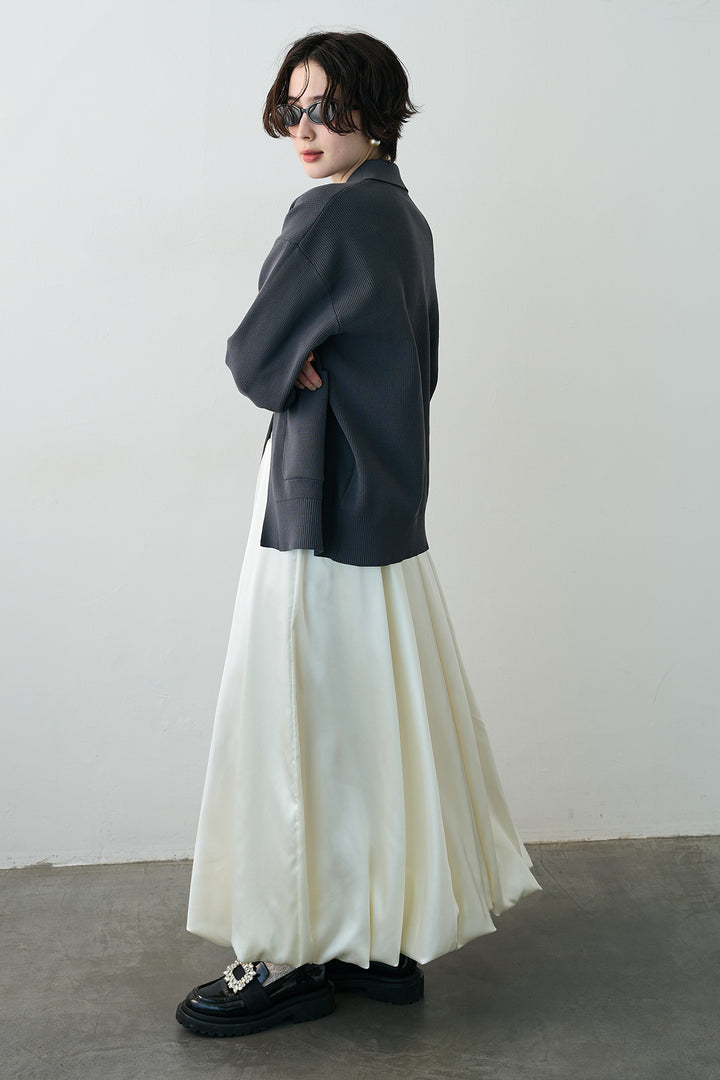 [予約/SET]メタルボタン襟付きニットカーディガン+サテンシャイニーバルーンスカート(2set)