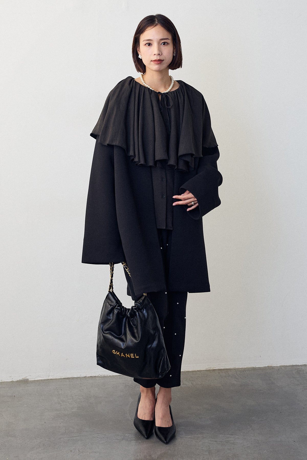 予約/SET]BIGフリルカラーブラウス+フリルポケットボンディングノー