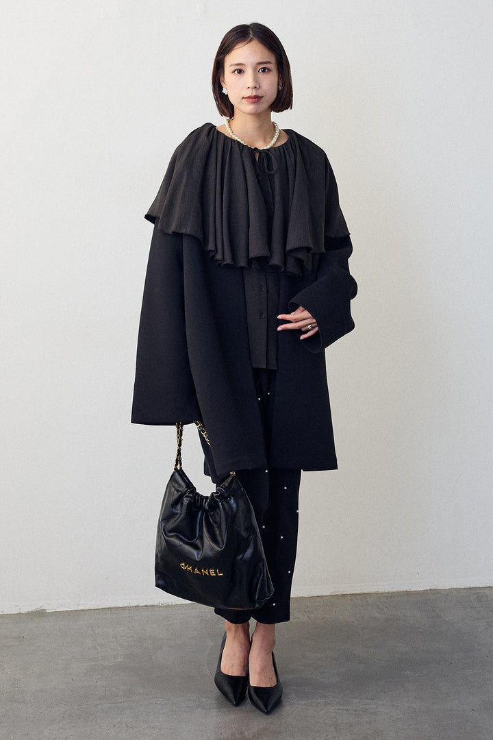 [予約/SET]BIGフリルカラーブラウス+フリルポケットボンディングノーカラーコート+センターシームランダムパールパンツ(3set)