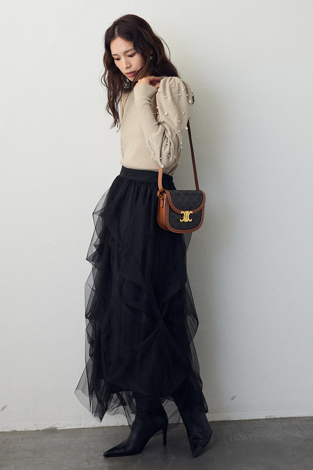 [予約/SET]パフスリーブランダムパールニット+マルチパターンタックチュールスカート(2set)
