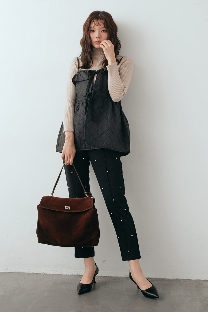 [予約/SET]ベーシックリブタートルニット+ダイヤキルトキャミビスチェ+センターシームランダムパールパンツ(3set)