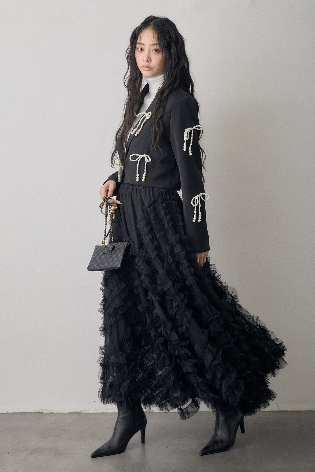 [予約/SET]パールリボンクロップドジャケット+スフレアシメチュールスカート(2set)