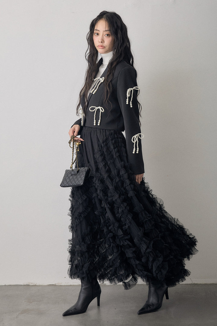 [予約/SET]パールリボンクロップドジャケット+スフレアシメチュールスカート(2set)