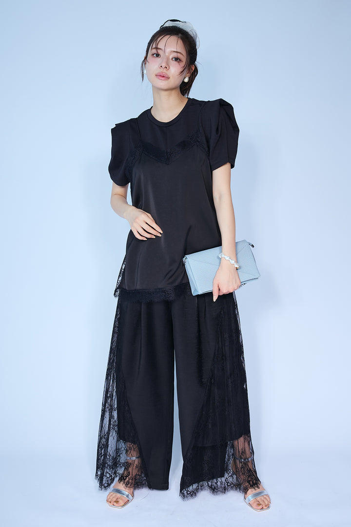 [予約/SET]スクエアショルダーデザインカットトップス+マットサテンレースキャミソール+サイドレースデザインリラックスパンツ(3set)