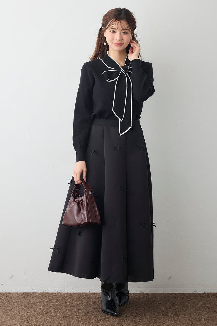 [予約/SET]配色ボウタイリボンニット+マルチパターンボンディングフレアスカート(2set)