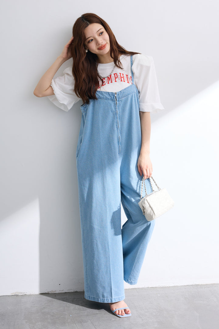 [予約/SET]ロゴパフスリーブデザインTシャツ+フロントZIPデニムサロペ(2set)