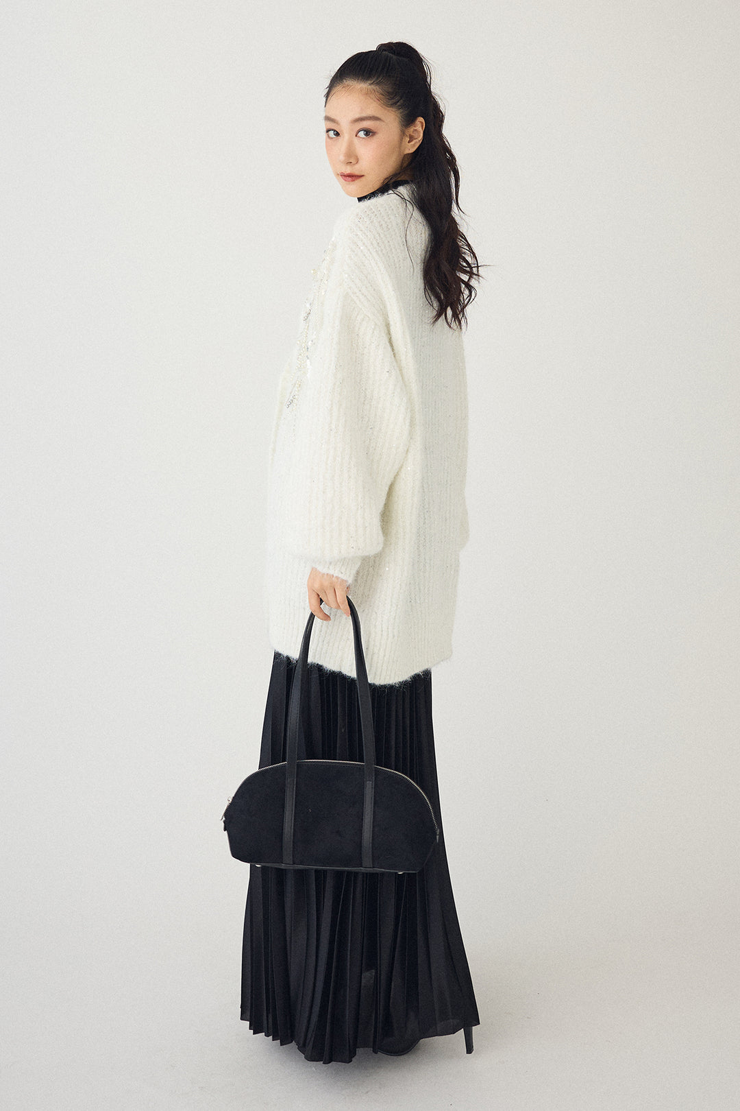 [予約/SET]ビーズフラワースパンコールシャイニーニットカーデ+シャイニープリーツサテンスカート(2set)