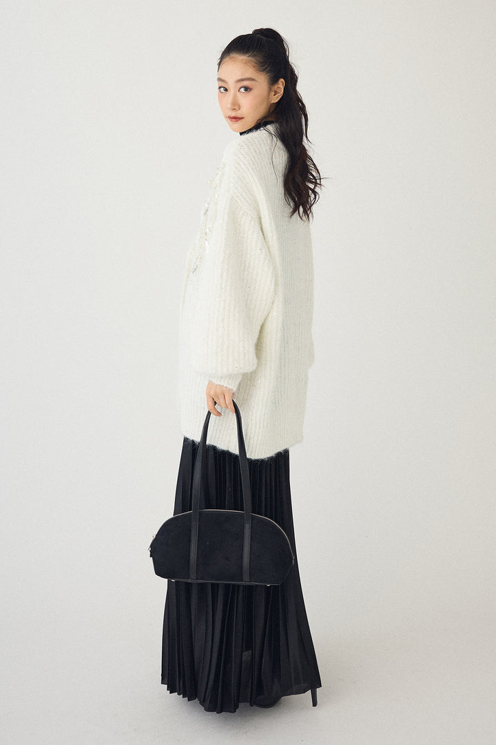 [予約/SET]ビーズフラワースパンコールシャイニーニットカーデ+シャイニープリーツサテンスカート(2set)