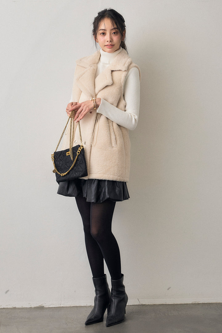 [予約/SET]ベーシックリブタートルニット+テディボアウエストドロストベスト+フェイクレザーティアードバルーンミニスカート(3set)