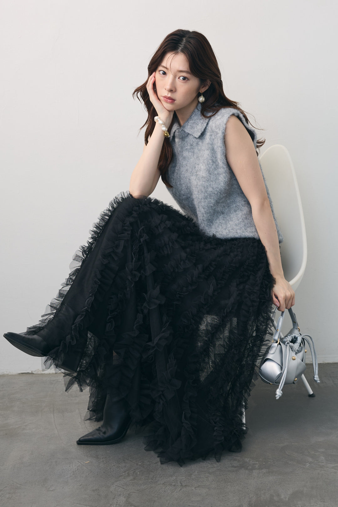 [予約/SET]モヘア起毛ポロベスト+バーチカルフリルチュールスカート(2set)