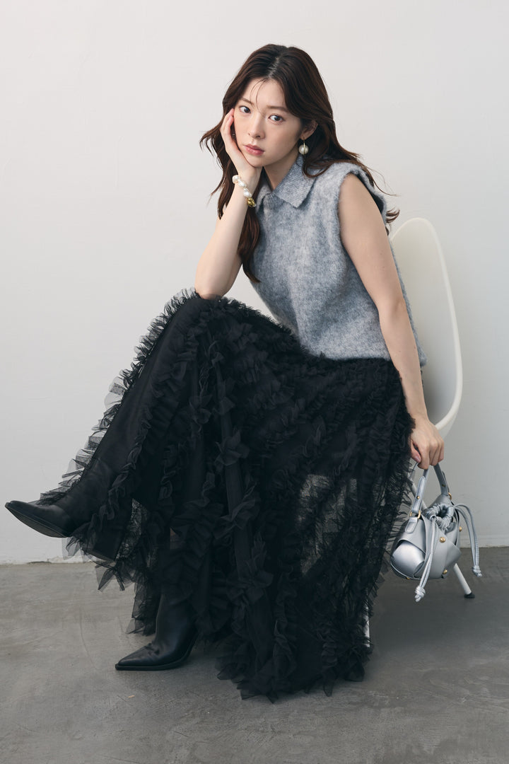 [予約/SET]モヘア起毛ポロベスト+バーチカルフリルチュールスカート(2set)