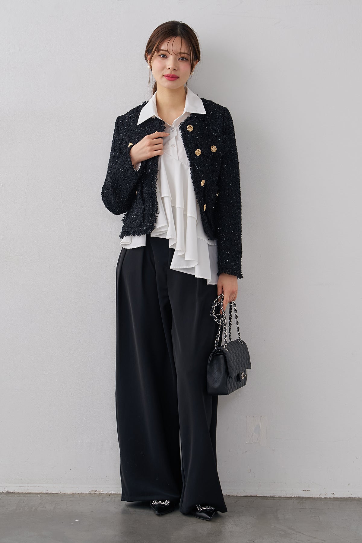 予約/SET]アシメフリルティアードシャツ+フリンジツイードゴールド