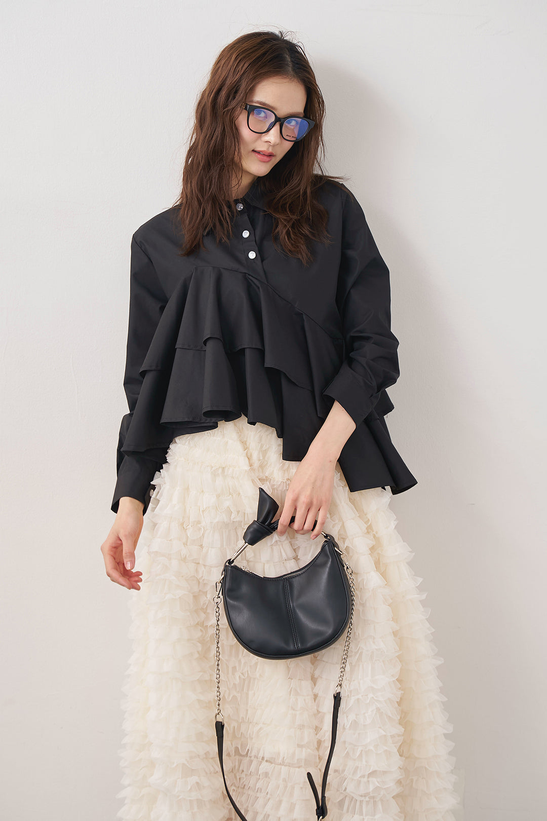 [予約/SET]アシメフリルティアードシャツ+ホイップチュールティアードスカート(2set)