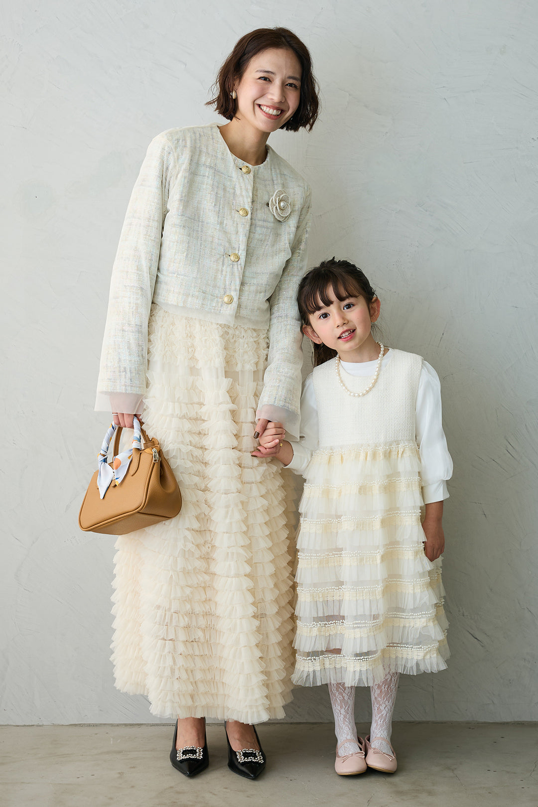 [予約/親子SET][kids]ティアードプリーツパールワンピセット+ツイード×チュールレイヤードクロップドジャケット+ホイップチュールティアードスカート(3set)