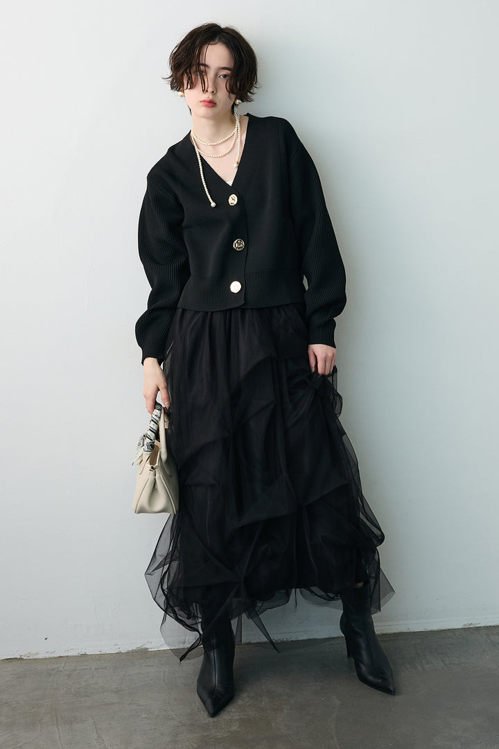 [予約/SET]スポンディッシュBIGボタンクロップドカーデ+マルチパターンタックチュールスカート(2set)