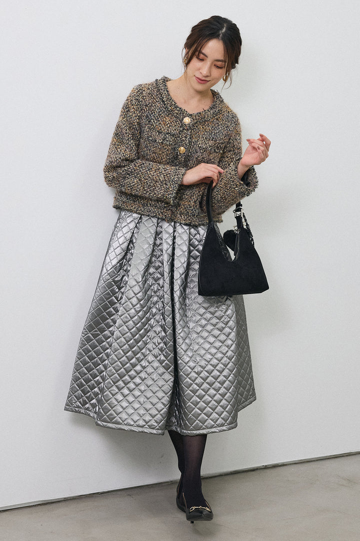 [予約/SET]カラーミックスツイードジャケット+メタリックキルティングフレアスカート(2set)