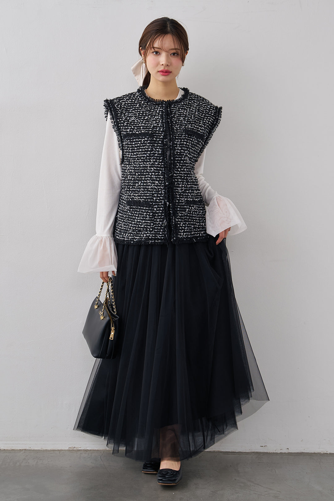 [予約/SET]チュールシアーカフスリブニット+異素材切り替えツイードベスト+エアリーチュールフレアスカート(3set)