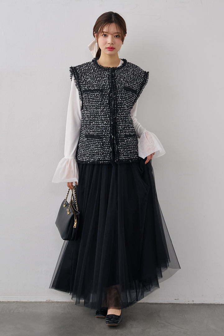 [予約/SET]チュールシアーカフスリブニット+異素材切り替えツイードベスト+エアリーチュールフレアスカート(3set)