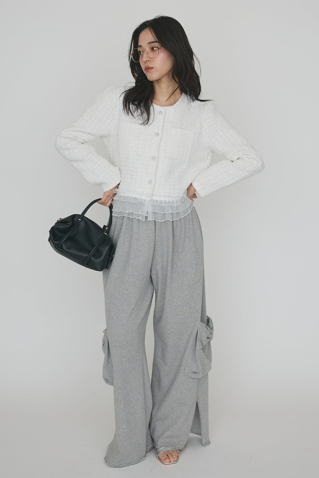 [予約/SET]プリーツフリルヘムライトツイードジャケット+ライトスウェットサイドリボンパンツ(2set)