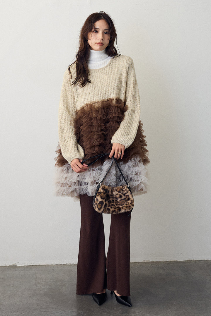 [予約/SET]ホイップチュールドッキングニットワンピ+リブストレッチフレアニットパンツ(2set)