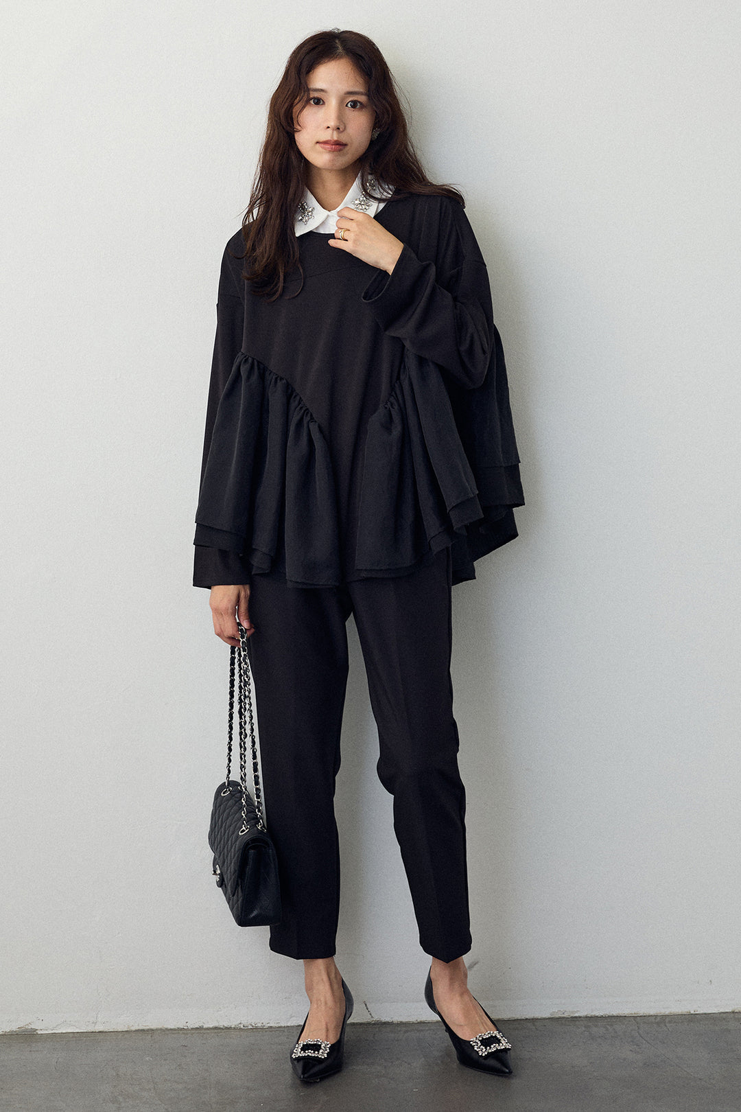 [予約/SET]フリルテール異素材切替チュニック+タックテーパードパンツ(2set)