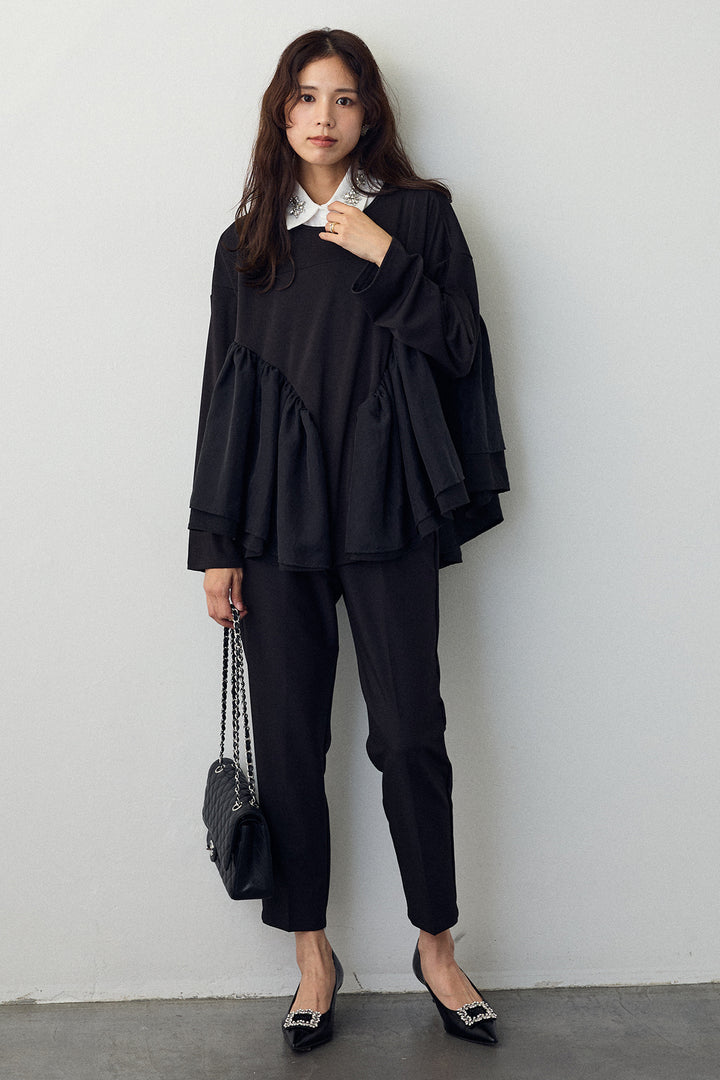 [予約/SET]フリルテール異素材切替チュニック+タックテーパードパンツ(2set)