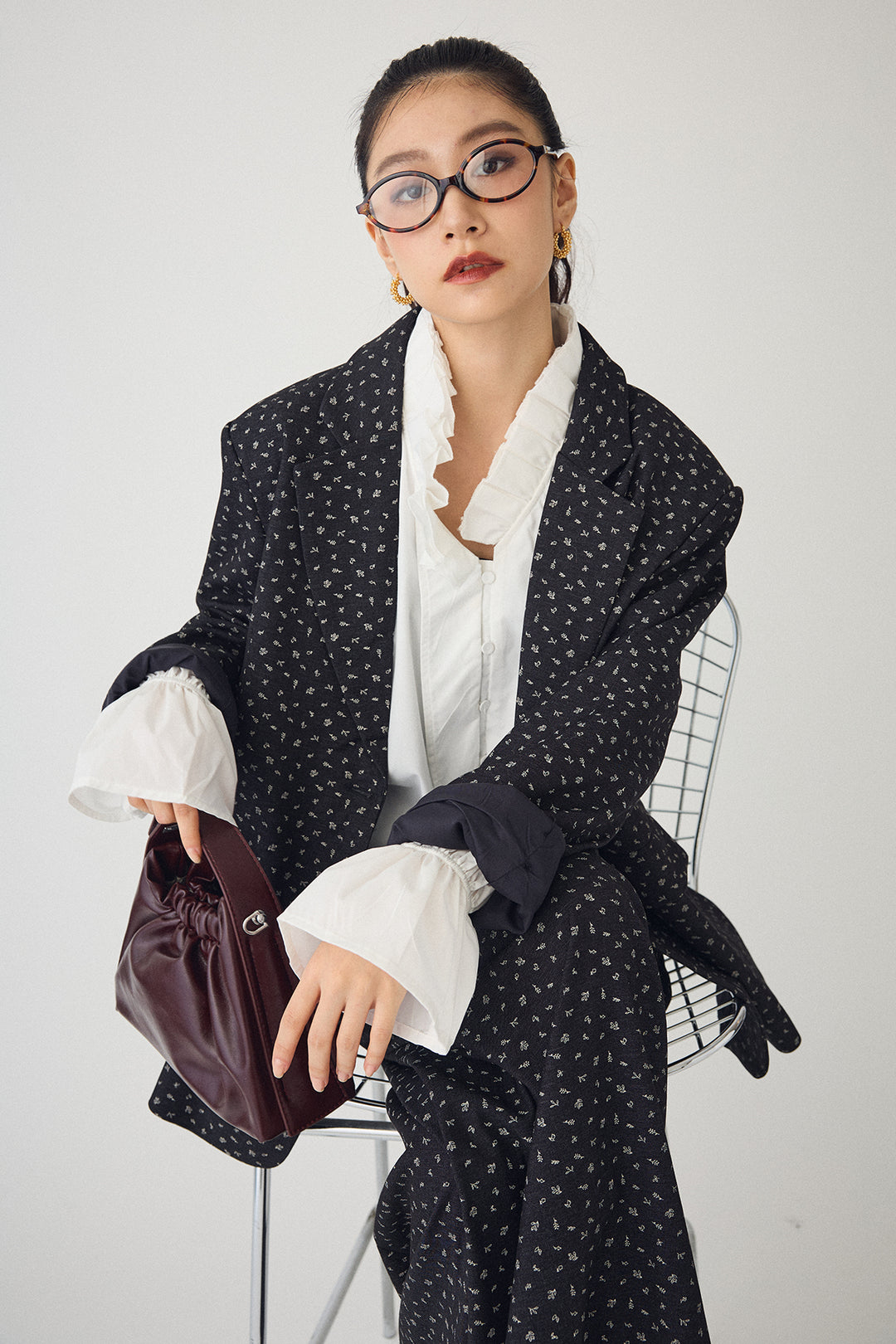 [予約/SET]ダブルプリーツカラーブラウス+ヴィンテージフラワー柄セットアップ(2set)