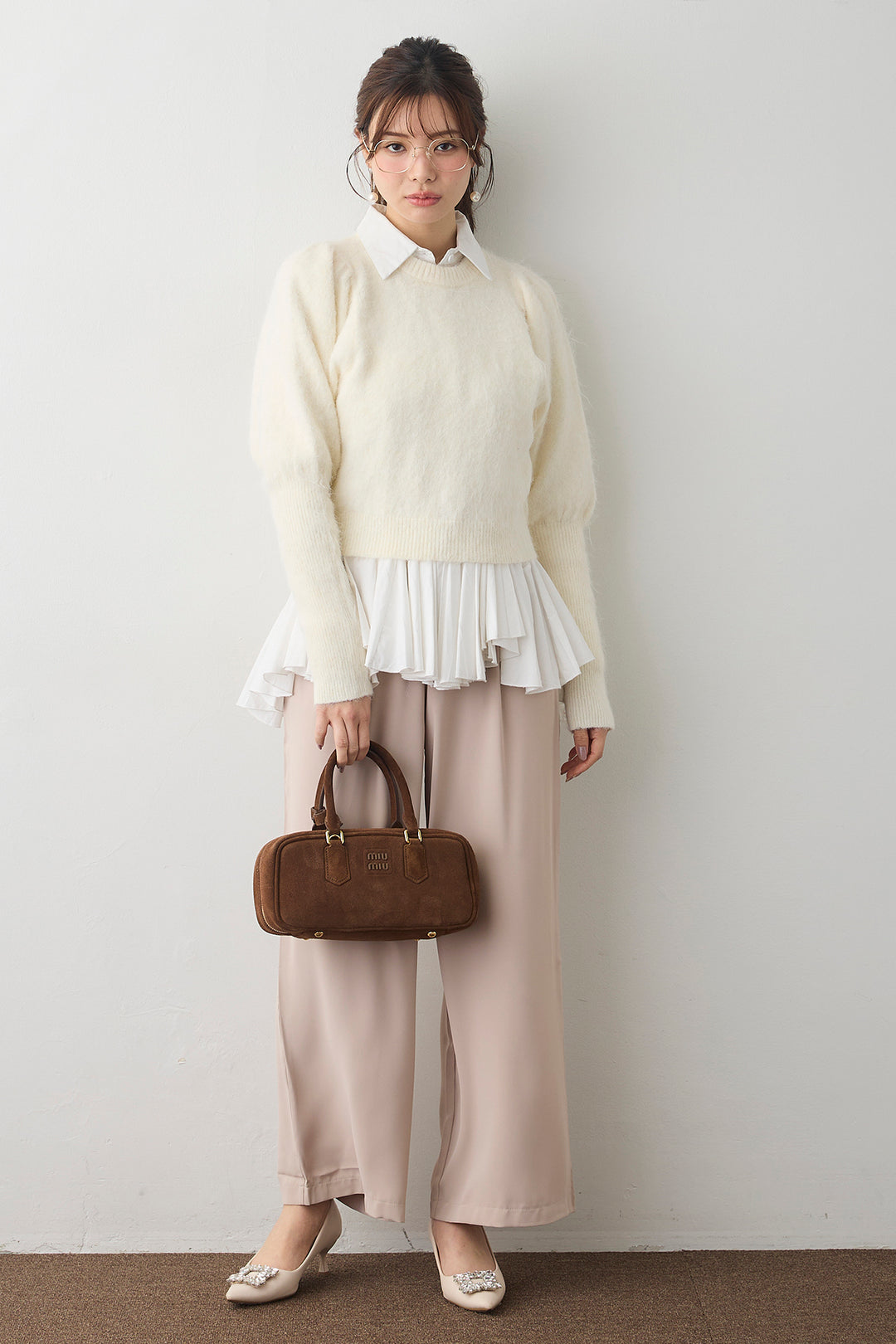 [予約/SET]モヘアパフスリーブプルオーバー+パネルフレアヘムシャツ+とろみドロストワイドパンツ(3set)