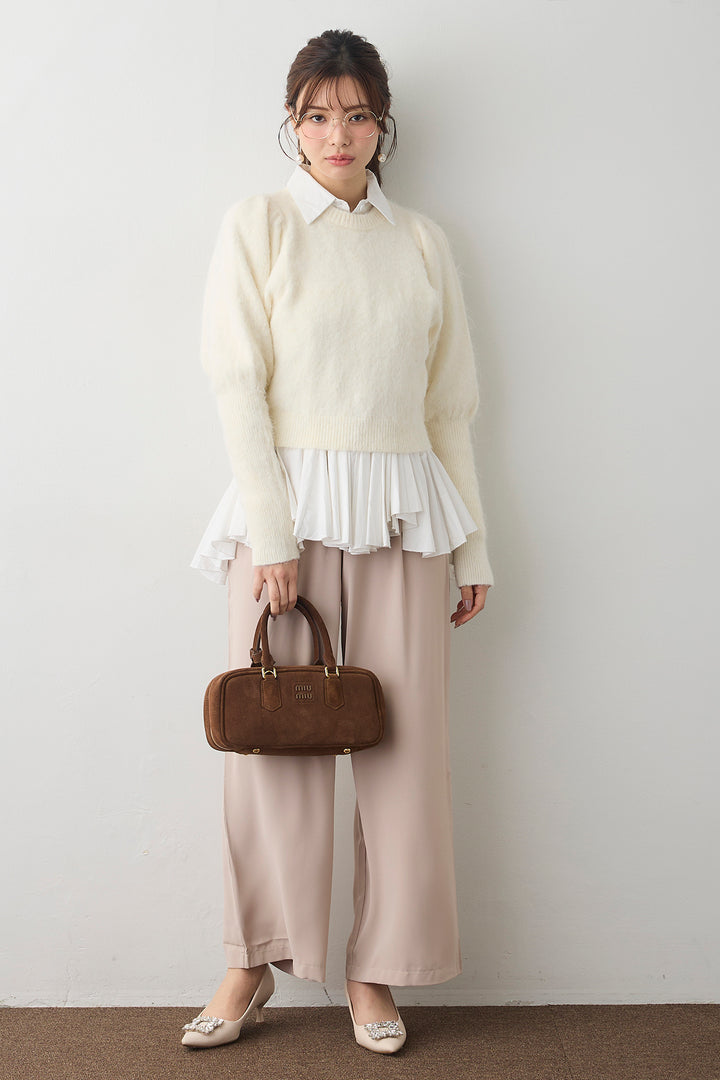 [予約/SET]モヘアパフスリーブプルオーバー+パネルフレアヘムシャツ+とろみドロストワイドパンツ(3set)