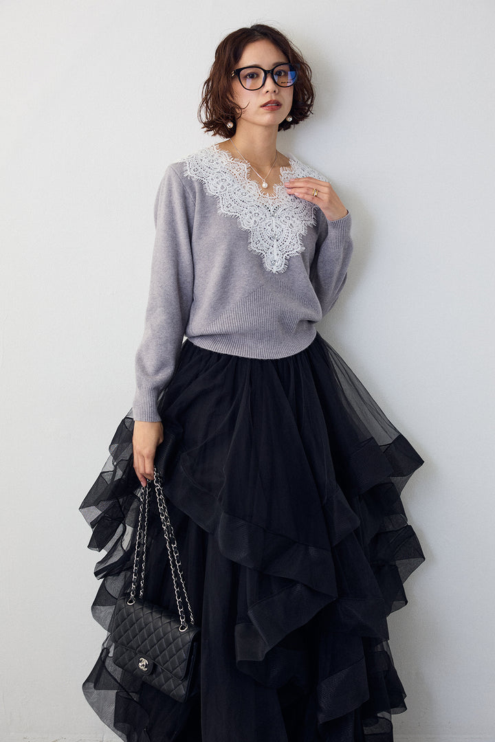 [予約]Vレースデザインニットプルオーバー