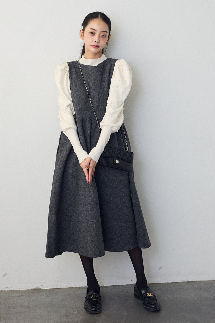 [予約/SET]パフスリーブランダムパールニット+バックリボンボックスシルエットジャンスカ(2set)