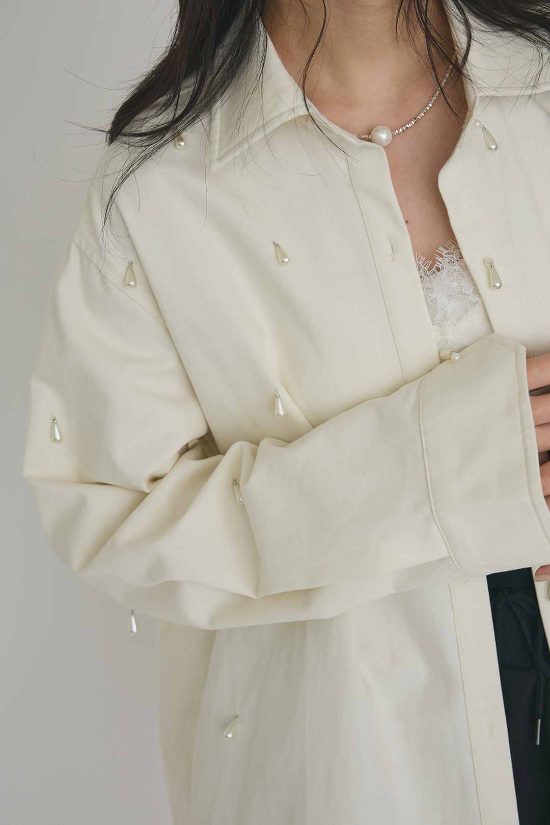 [予約/SET]雫パールデザインオーバーシャツ+スウェットバルーンスカート(2set)