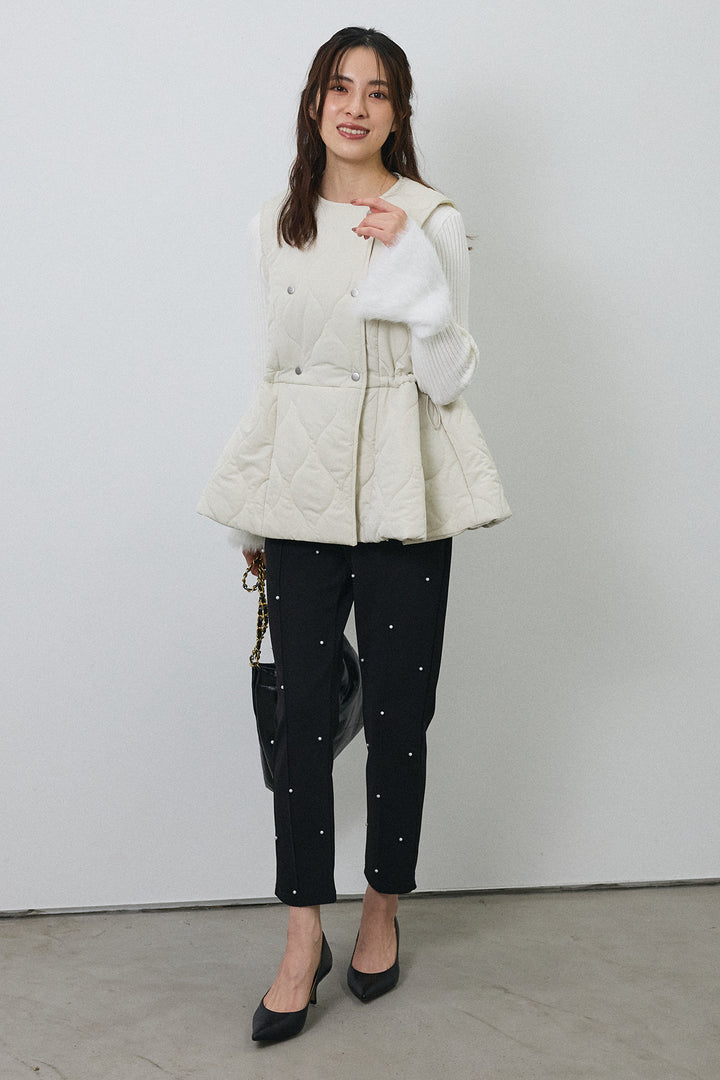 [予約/SET]フェザー切替スリーブフレアニット+キルティングフレアシルエットベスト(2set)