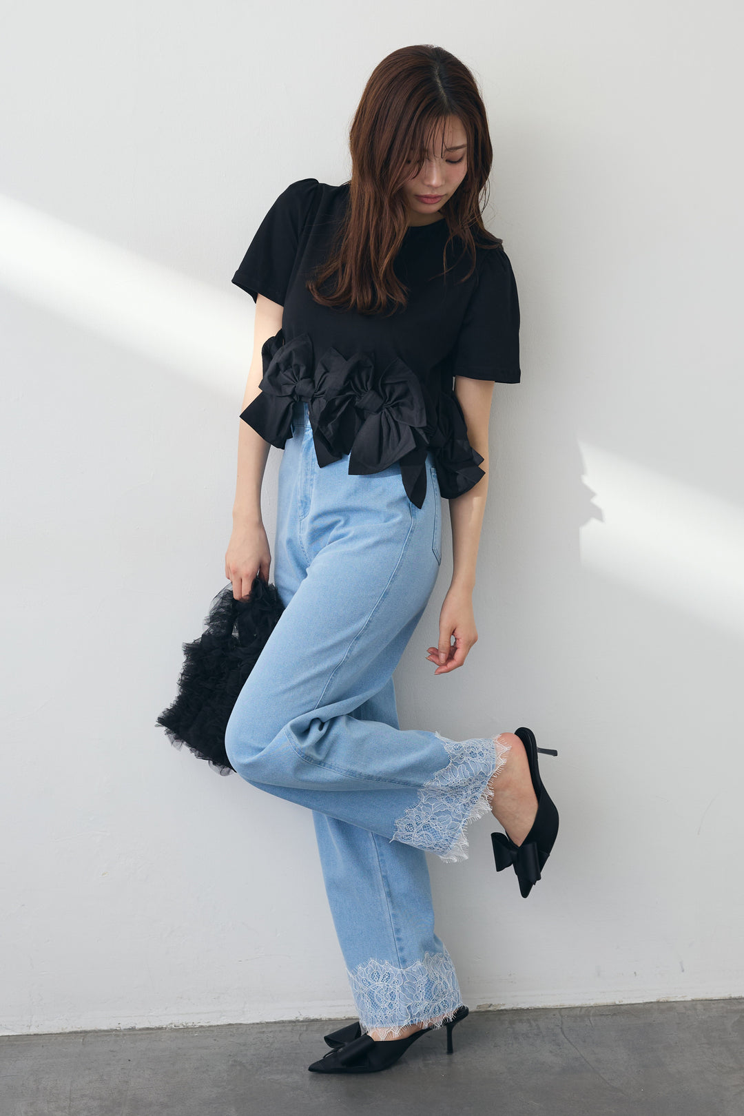 [予約/SET]リボンヘムデザインTシャツ+【接触冷感】ヘムレースデニムパンツ(2set)