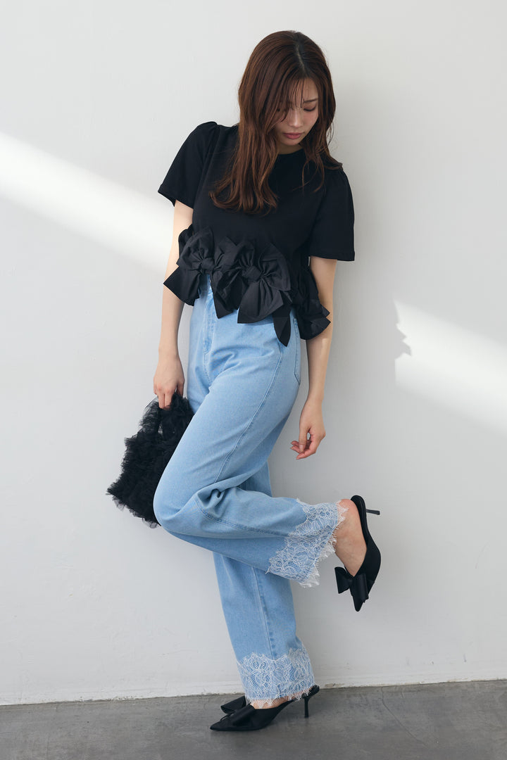 [予約/SET]リボンヘムデザインTシャツ+【接触冷感】ヘムレースデニムパンツ(2set)