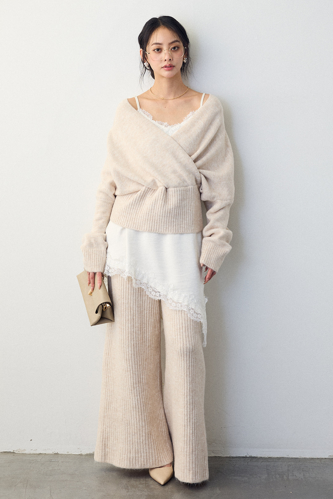 [予約/SET]カシュクール美ラインニットセットアップ+サテンレースアシメキャミ(2set)