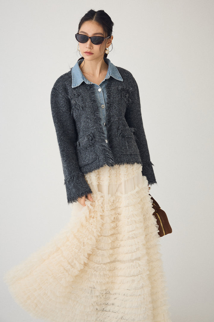 [予約/SET]デニムシャツドッキングツイードカーデ+ホイップチュールティアードスカート(2set)