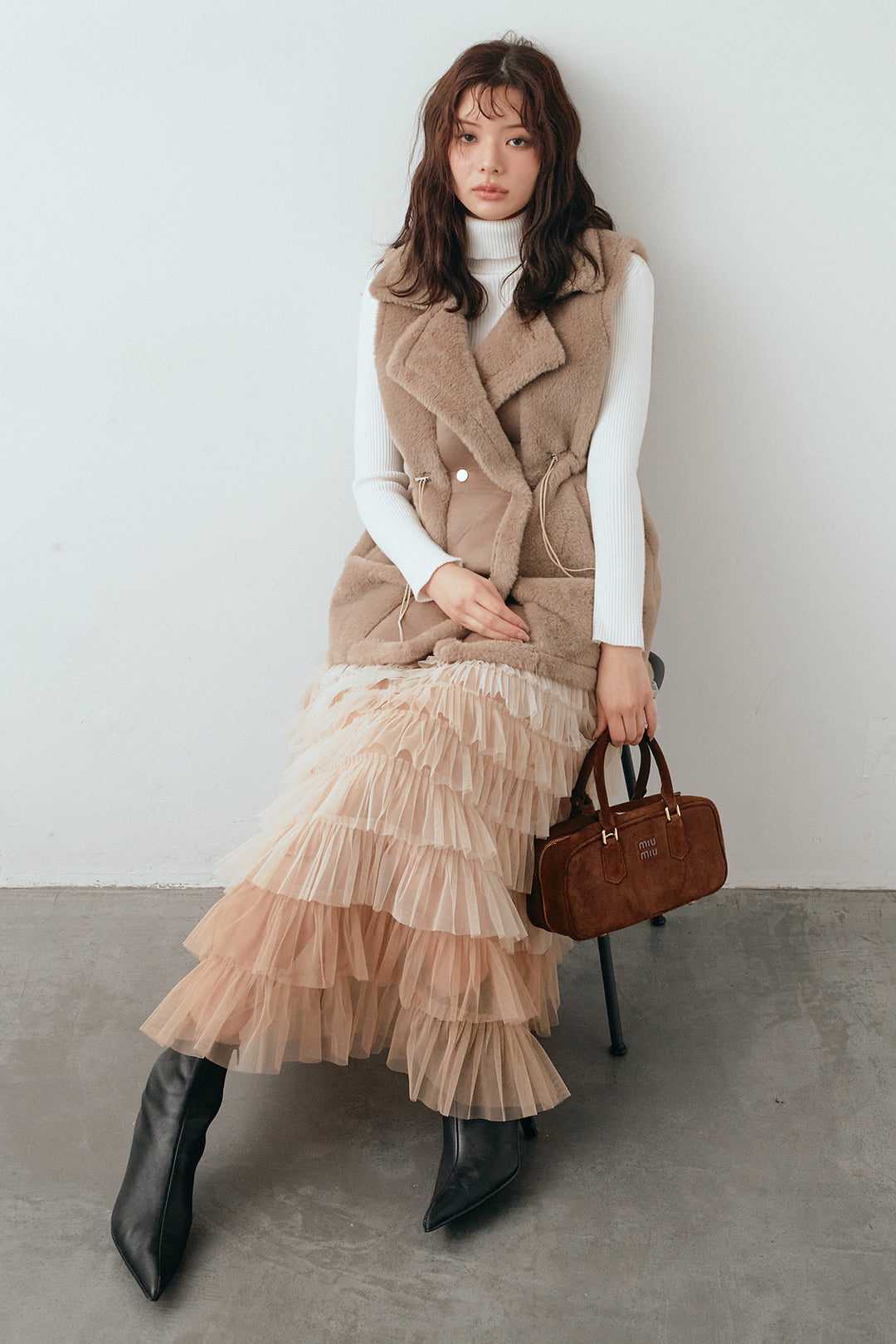 [予約/SET]テディボアウエストドロストベスト+グラデーションチュールティアードスカート(2set)