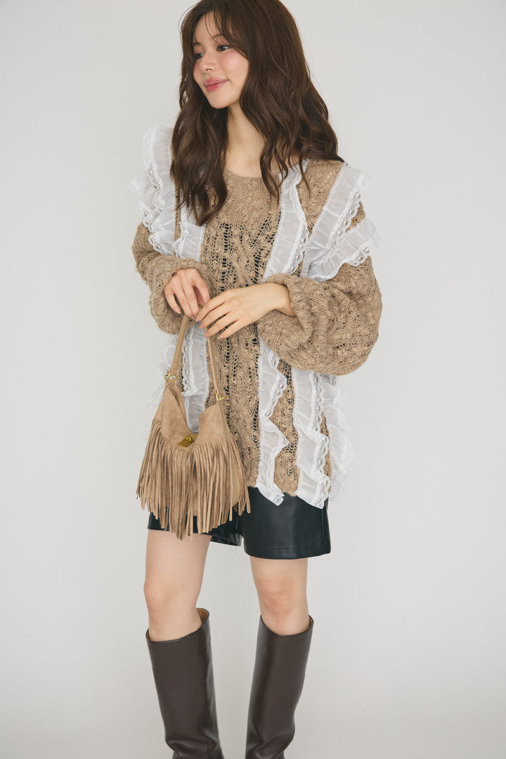 [予約/SET]シアーフリルデコレーションニット+フェイクレザーベーシックパンツ(2set)