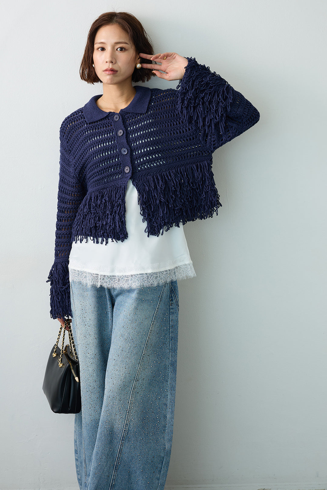 [予約/SET]メッシュフリンジクロップドニット+スパークルラインストーンカーブデニム(2set)