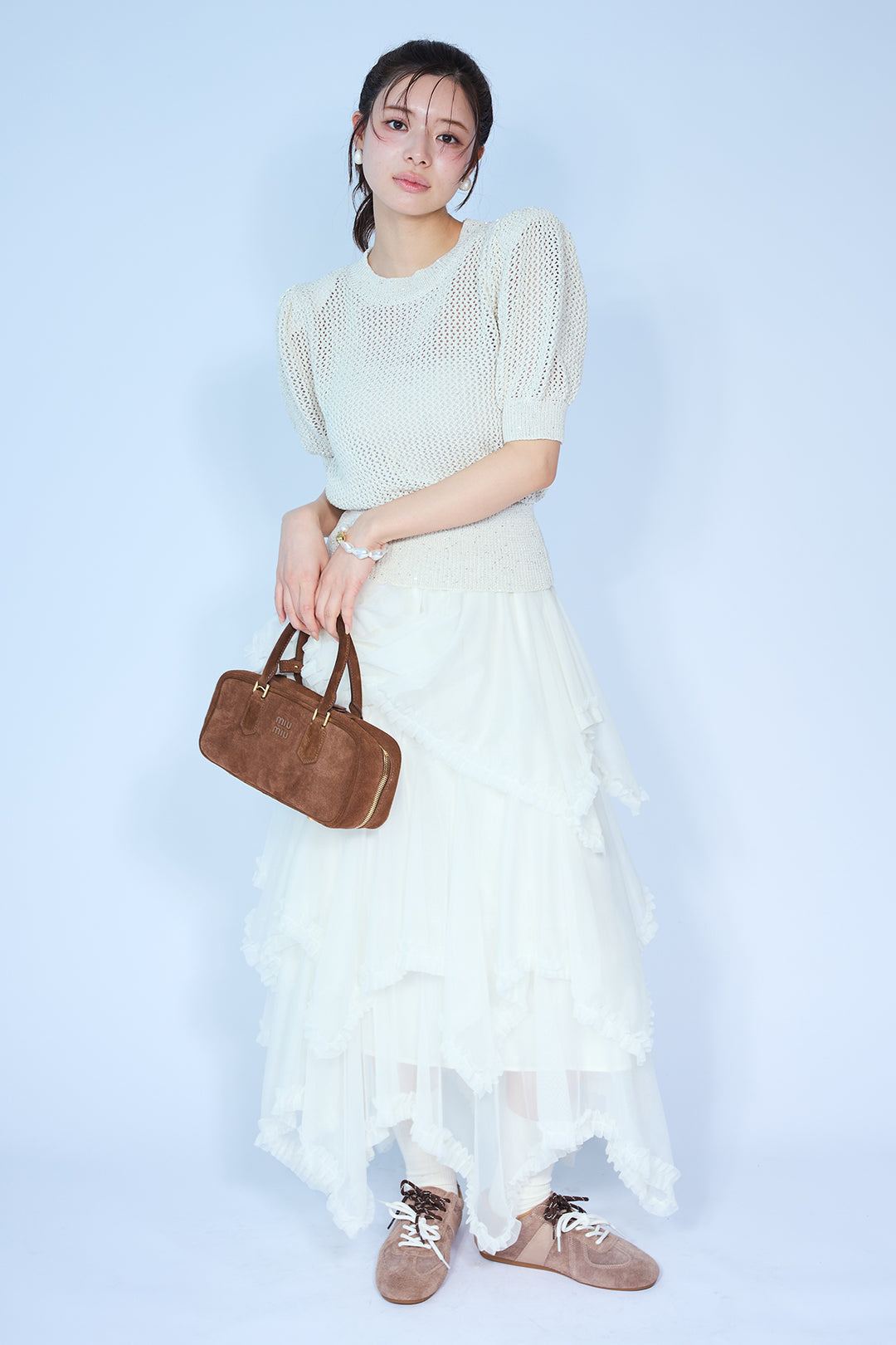 [予約/SET]ラメ混パフスリーブハーフスリーブニット+ムードチュールフリルスカート(2set)