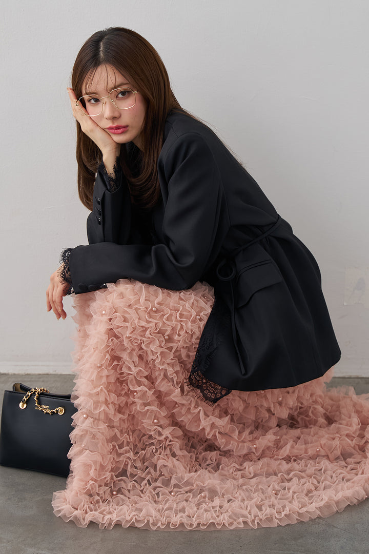 [予約/SET]カシュクールレースドッキングジャケット+パール付きホイップチュールスカート(2set)